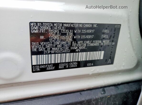 2T3P1RFV0SC548552 2025 TOYOTA RAV4 White VIN sticker view