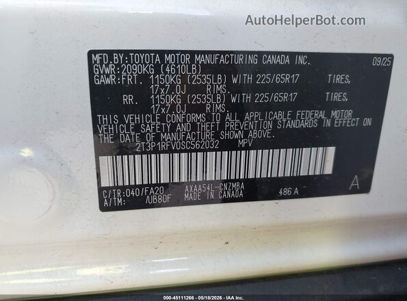 2T3P1RFV0SC562032 2025 TOYOTA RAV4 White Շարժիչի բաժամունքի տեսք