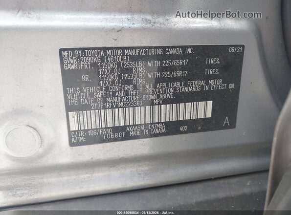 2T3P1RFV1MC223363 2021 TOYOTA LE Silver Շարժիչի բաժամունքի տեսք