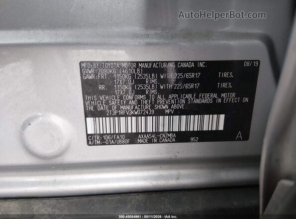 2T3P1RFV3KW072439 2019 TOYOTA LE Серебряный Вид подкапотного пространства