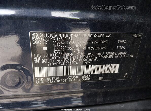 2T3P1RFV3LC111176 2020 TOYOTA RAV4 Blue Vista del compartimento del motor