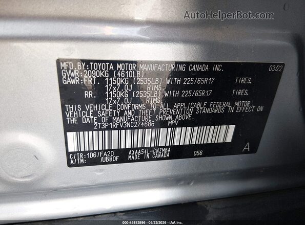 2T3P1RFV3NC274686 2022 TOYOTA RAV4 Silver Շարժիչի բաժամունքի տեսք