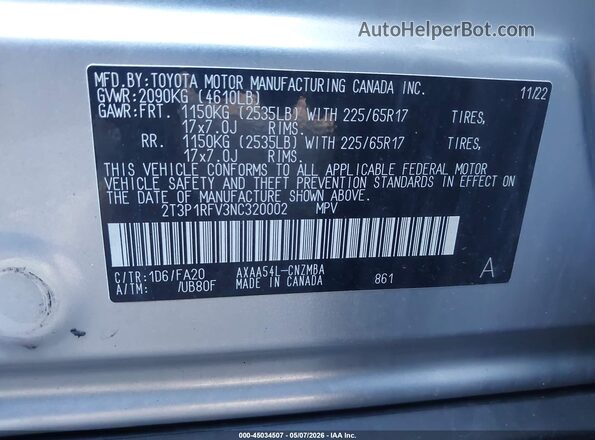 2T3P1RFV3NC320002 2022 TOYOTA LE Silver Շարժիչի բաժամունքի տեսք
