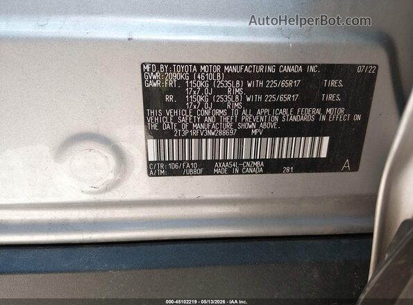 2T3P1RFV3NW288697 2022 TOYOTA LE Серебряный 