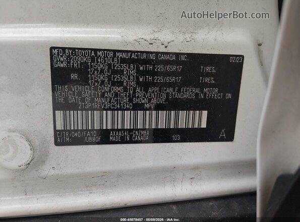 2T3P1RFV3PC341340 2023 TOYOTA LE White Շարժիչի բաժամունքի տեսք