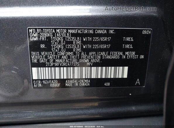 2T3P1RFV3RC477275 2024 TOYOTA RAV4 Gray Շարժիչի բաժամունքի տեսք