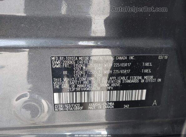 2T3P1RFV4KW038638 2019 TOYOTA RAV4 Gray ძრავის განყოფილების ხედი