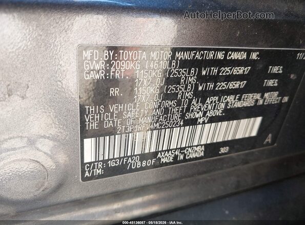 2T3P1RFV4MC250234 2021 TOYOTA RAV4 Gray Շարժիչի բաժամունքի տեսք