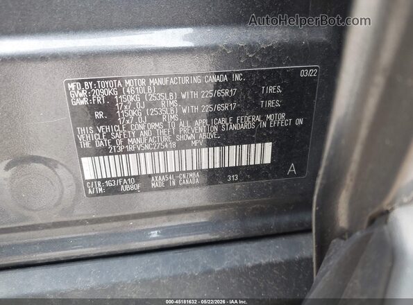 2T3P1RFV5NC275418 2022 TOYOTA RAV4 Серый Вид подкапотного пространства