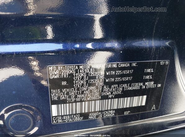 2T3P1RFV6LW098034 2020 TOYOTA LE Dark Blue ძრავის განყოფილების ხედი