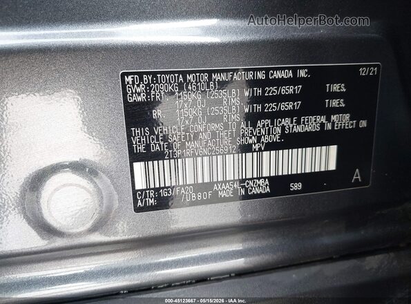 2T3P1RFV6NC256912 2022 TOYOTA RAV4 Серый Вид подкапотного пространства