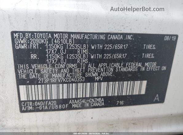 2T3P1RFV7KC040353 2019 TOYOTA RAV4 White ძრავის განყოფილების ხედი