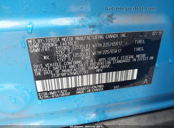 2T3P1RFV7KW027293 2019 TOYOTA LE Blue 