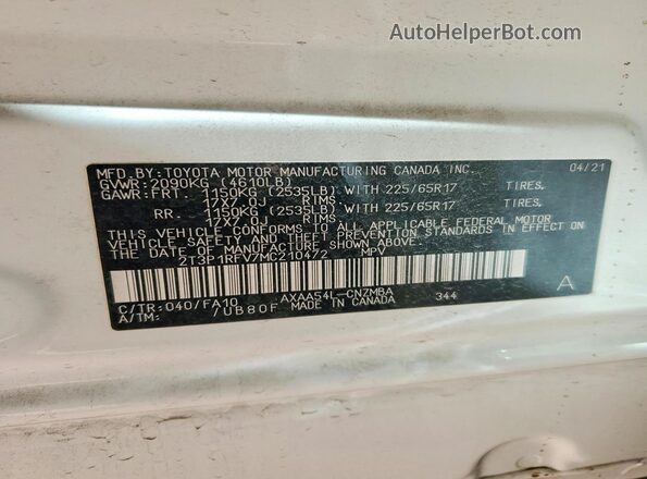 2T3P1RFV7MC210472 2021 TOYOTA RAV4 Белый Вид наклейки с VIN-кодом