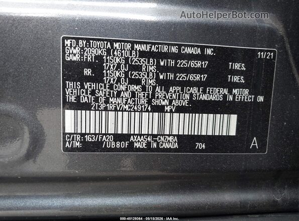 2T3P1RFV7MC249174 2021 TOYOTA RAV4 Gray ძრავის განყოფილების ხედი