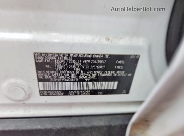 2T3P1RFV9KW058318 2019 TOYOTA RAV4 White 