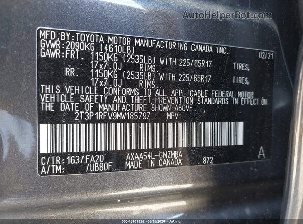 2T3P1RFV9MW185797 2021 TOYOTA RAV4 Gray Vista del compartimento del motor