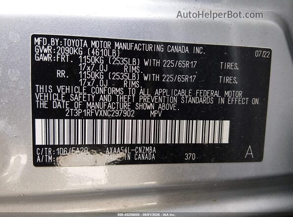 2T3P1RFVXNC297902 2022 TOYOTA RAV4 Silver Vista del compartimento del motor