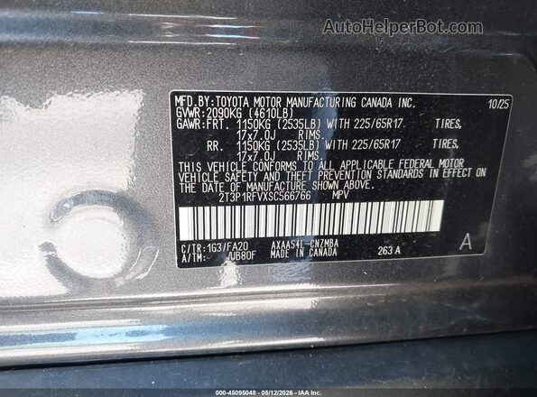 2T3P1RFVXSC566766 2025 TOYOTA LE Gray Vista del compartimento del motor