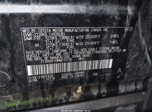 2T3R6RFV9MW015756 2021 TOYOTA LE Black Շարժիչի բաժամունքի տեսք