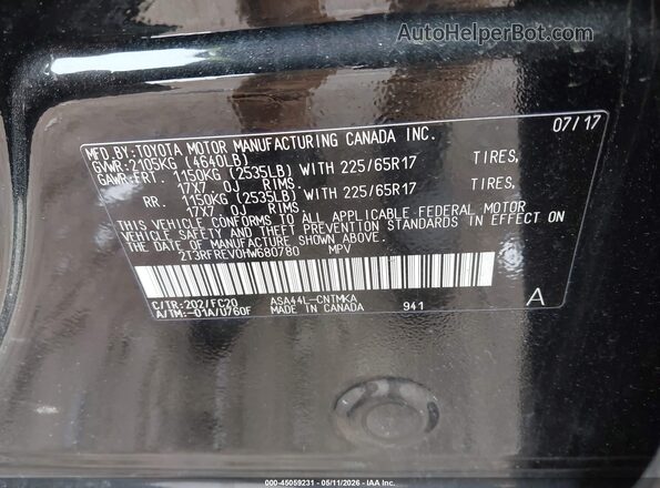 2T3RFREV0HW680780 2017 TOYOTA LE Черный Вид задних сидений