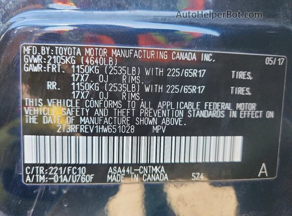 2T3RFREV1HW651028 2017 TOYOTA RAV4 Blue Widok naklejki z numerem VIN