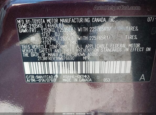 2T3RFREV1HW676690 2017 TOYOTA LE Purple 