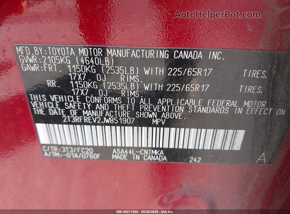 2T3RFREV2JW851907 2018 TOYOTA RAV4 Red 