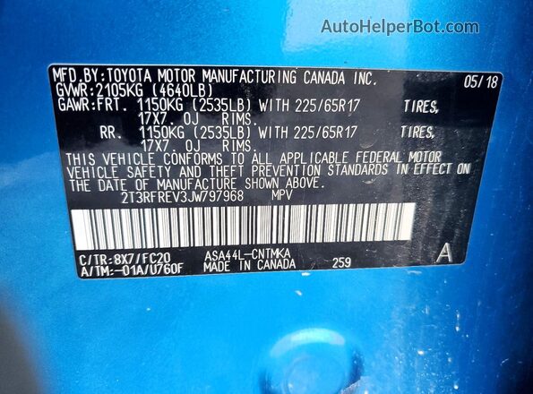 2T3RFREV3JW797968 2018 TOYOTA RAV4 Blue VIN sticker view