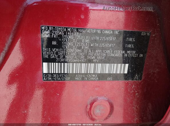 2T3RFREV5GW464907 2016 TOYOTA LE Red Widok komory silnika