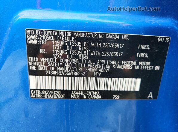 2T3RFREV5GW486552 2016 TOYOTA RAV4 Blue VIN sticker view