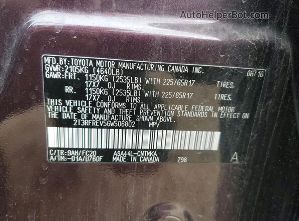 2T3RFREV5GW506802 2016 TOYOTA LE Burgundy 360 interior view