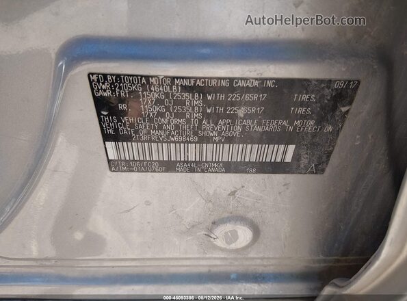 2T3RFREV5JW698469 2018 TOYOTA LE Silver 