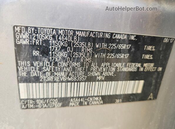 2T3RFREV6HW683957 2017 TOYOTA LE Silver Widok naklejki z numerem VIN