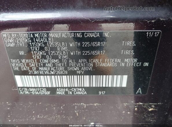 2T3RFREV6JW726828 2018 TOYOTA RAV4 Burgundy Widok komory silnika
