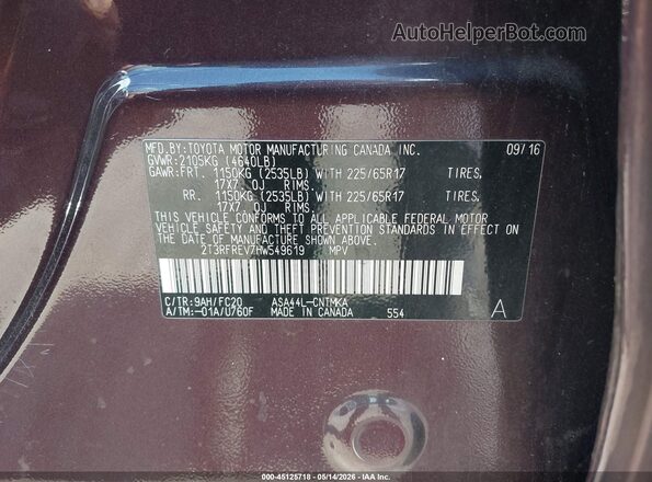 2T3RFREV7HW549619 2017 TOYOTA RAV4 Burgundy Engine compartment view
