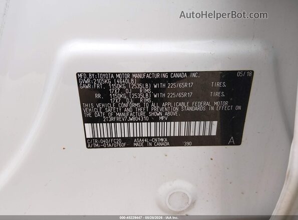 2T3RFREV7JW804310 2018 TOYOTA RAV4 White ძრავის განყოფილების ხედი