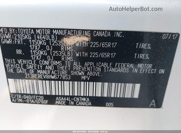 2T3RFREV8HW677853 2017 TOYOTA RAV4 White Вид підкапотного простору