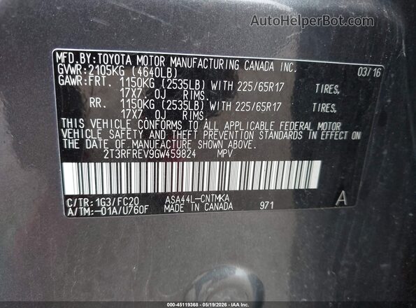 2T3RFREV9GW459824 2016 TOYOTA RAV4 Gray Vista del compartimento del motor