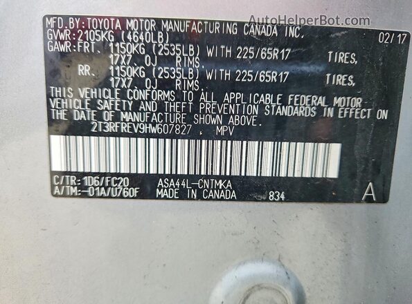 2T3RFREV9HW607827 2017 TOYOTA LE Silver 