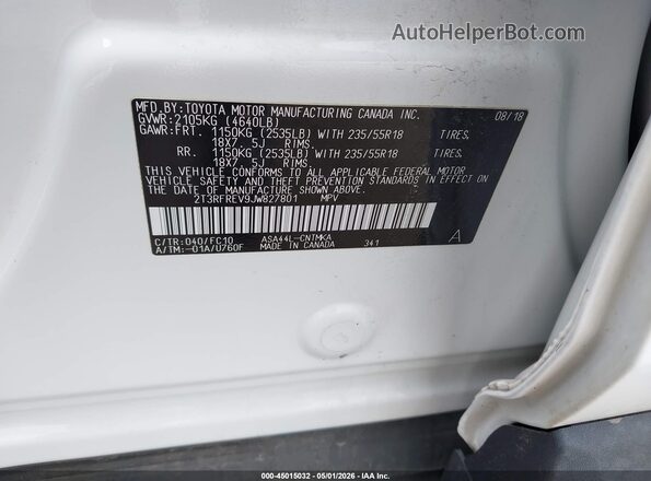 2T3RFREV9JW827801 2018 TOYOTA RAV4 White Շարժիչի բաժամունքի տեսք