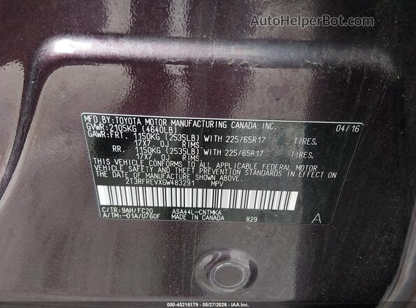 2T3RFREVXGW483291 2016 TOYOTA RAV4 Purple Вид підкапотного простору