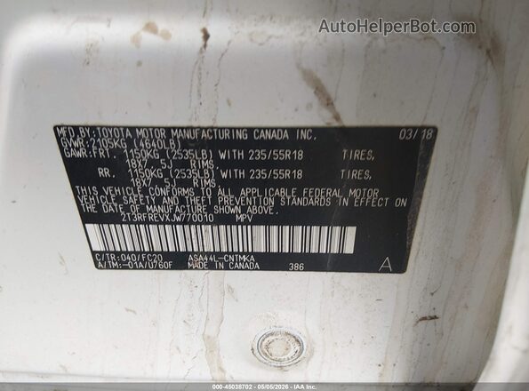 2T3RFREVXJW770010 2018 TOYOTA RAV4 White Engine compartment view