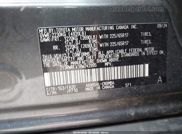 2T3RWRFV1RW242995 2024 TOYOTA RAV4 HYBRID Gray Vista del compartimento del motor