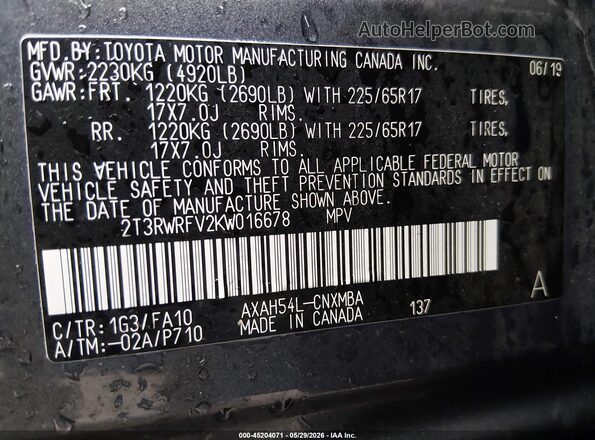 2T3RWRFV2KW016678 2019 TOYOTA RAV4 HYBRID Gray Vista del compartimento del motor