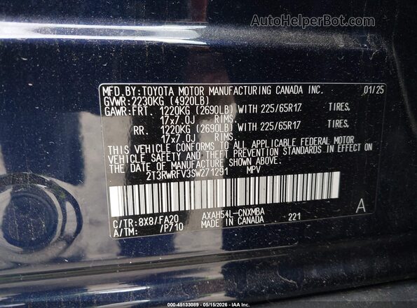2T3RWRFV3SW271291 2025 TOYOTA RAV4 HYBRID Dark Blue Engine compartment view