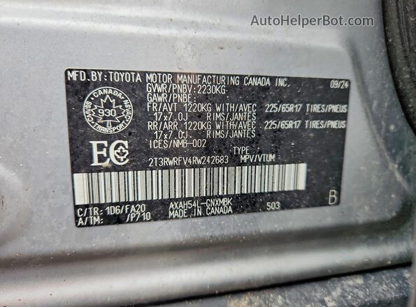 2T3RWRFV4RW242683 2024 TOYOTA RAV4 Silver Widok naklejki z numerem VIN