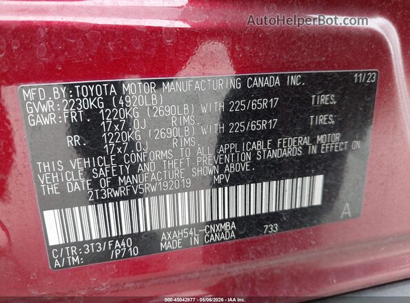 2T3RWRFV5RW192019 2024 TOYOTA LE Red ძრავის განყოფილების ხედი