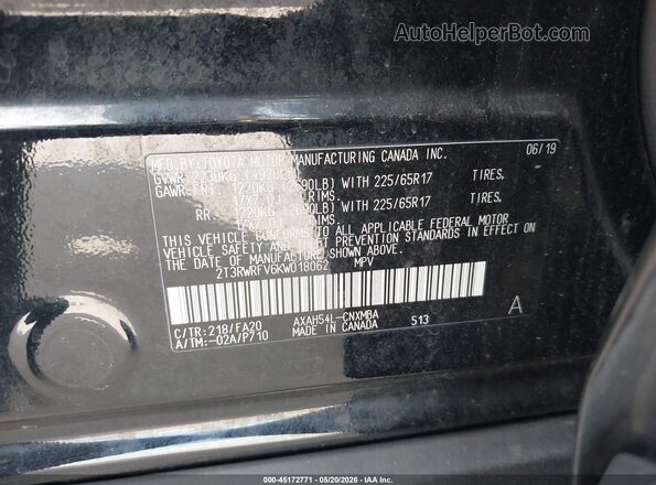 2T3RWRFV6KW018062 2019 TOYOTA RAV4 HYBRID Black Vista del compartimento del motor