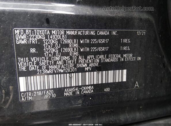 2T3RWRFV7MW128301 2021 TOYOTA LE Черный Вид подкапотного пространства